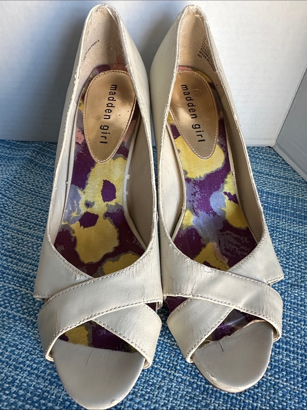 Madden Girl Cream Open-Toe Crossover Heels with Printed Insole